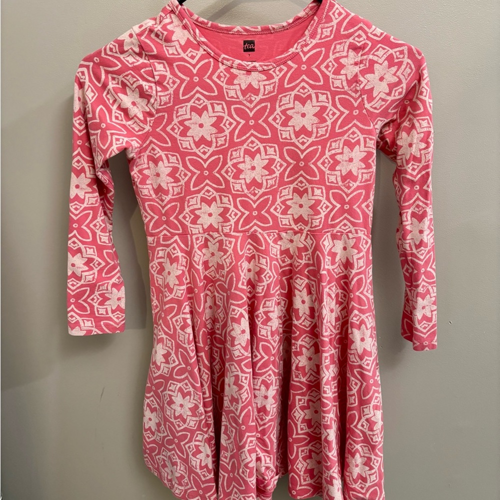 Tea Collection Girls Dress 7 Pink Cream Floral Pattern Long Sleeve Stretchy